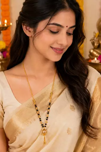 Gold-plated mangalsutra with black beads, long chain, filigree ball pendant with tassel, traditional indian jewellery