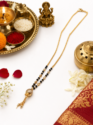 Gold-plated mangalsutra with black beads, long chain, filigree ball pendant with tassel, traditional indian jewellery 3