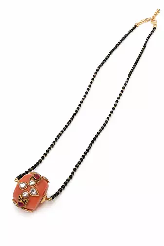 Traditional mangalsutra with peach kundan pendant, black bead chain, gold-toned, ethnic indian jewellery