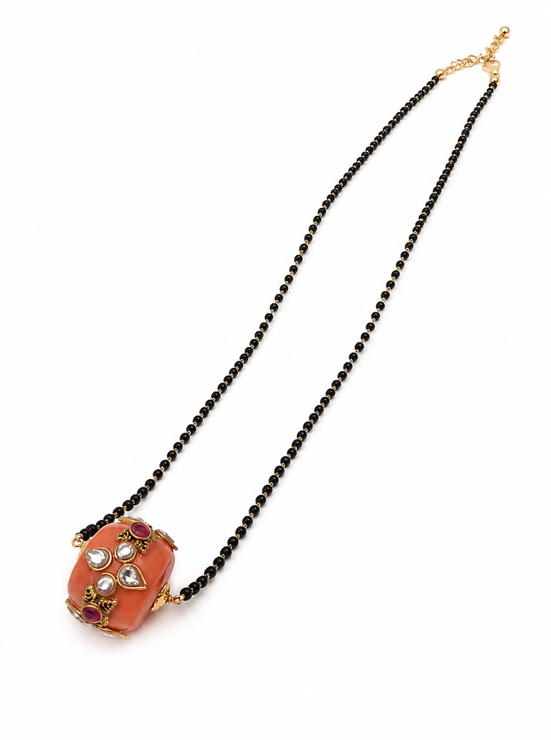 Traditional mangalsutra with peach kundan pendant, black bead chain, gold-toned, ethnic indian jewellery