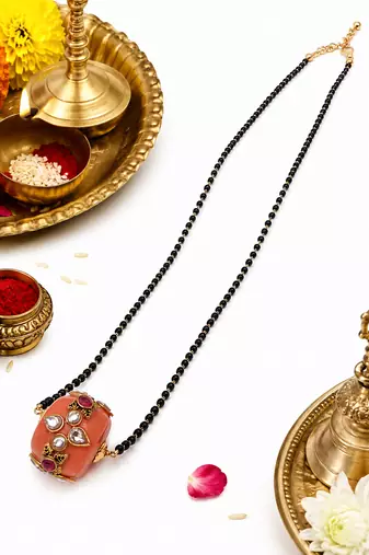 Traditional mangalsutra with peach kundan pendant, black bead chain, gold-toned, ethnic indian jewellery