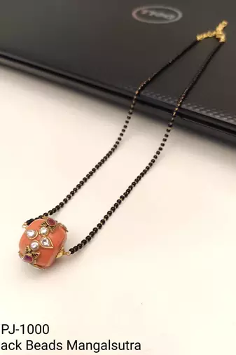 Traditional mangalsutra with peach kundan pendant, black bead chain, gold-toned, ethnic indian jewellery