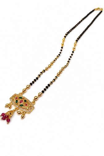 Traditional gold-plated mangalsutra with black beads, multicolour stone pendant and ruby drops