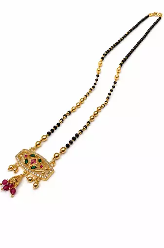 Traditional gold-plated mangalsutra with black beads, multicolour stone pendant and ruby drops
