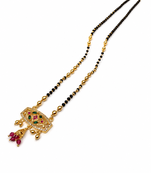 Traditional gold-plated mangalsutra with black beads, multicolour stone pendant and ruby drops