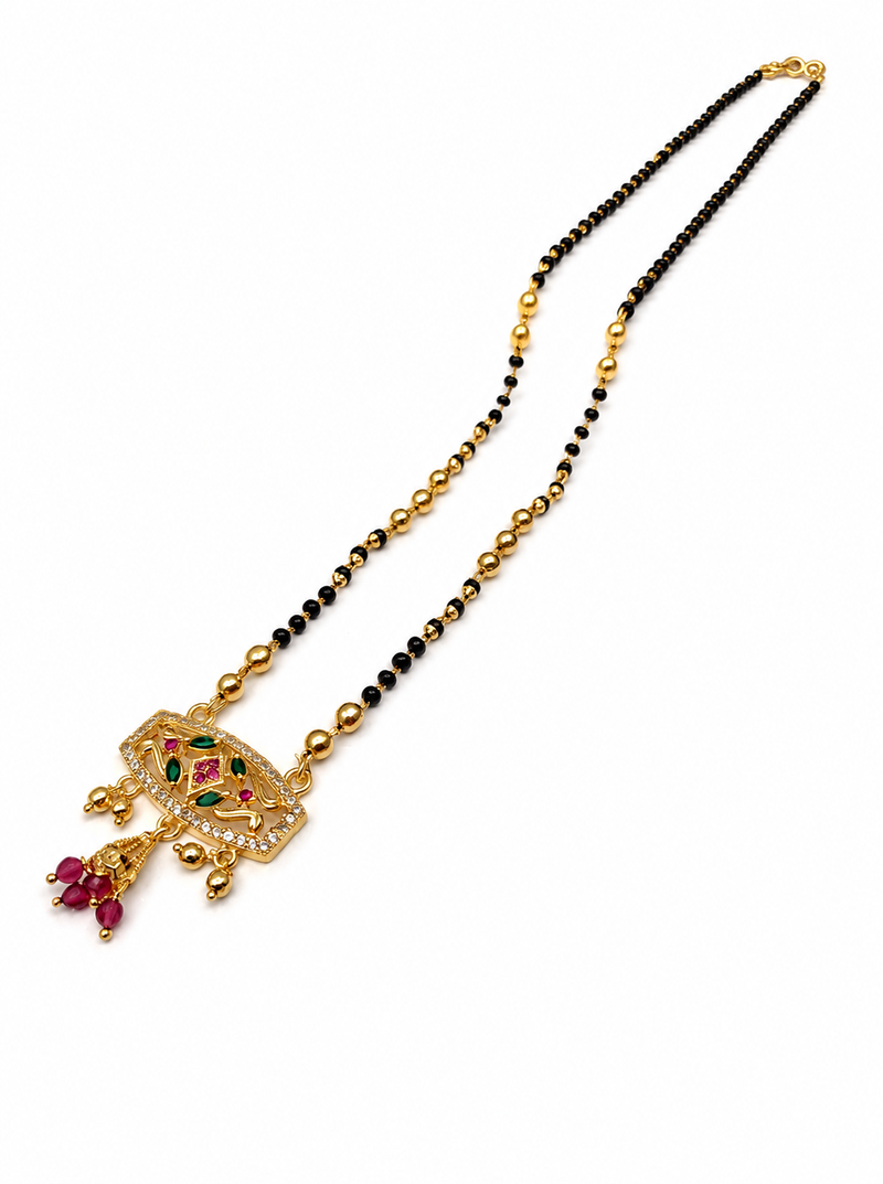 Traditional gold-plated mangalsutra with black beads, multicolour stone pendant and ruby drops