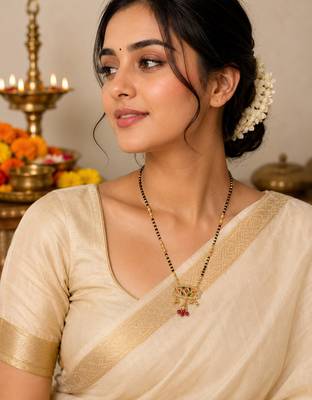 Traditional gold-plated mangalsutra with black beads, multicolour stone pendant and ruby drops 2