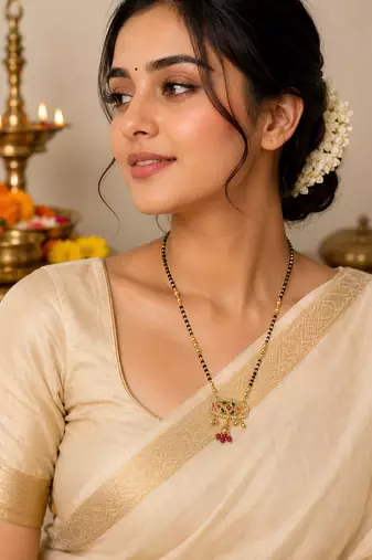 Traditional gold-plated mangalsutra with black beads, multicolour stone pendant and ruby drops