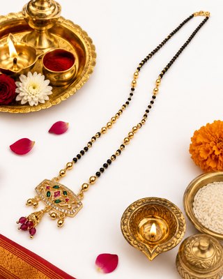 Traditional gold-plated mangalsutra with black beads, multicolour stone pendant and ruby drops 3