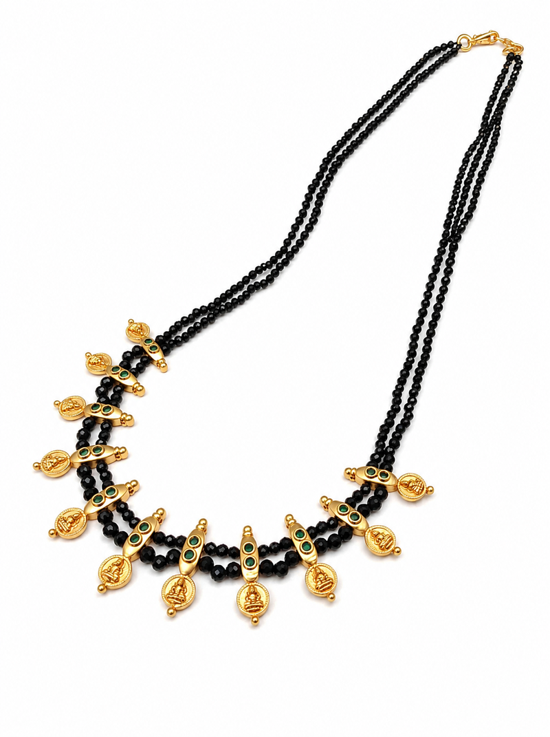 Traditional black beaded mangalsutra necklace, gold-toned, triple strand, lakshmi coin charms, green stone accents