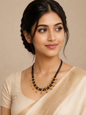 Traditional black beaded mangalsutra necklace, gold-toned, triple strand, lakshmi coin charms, green stone accents 2