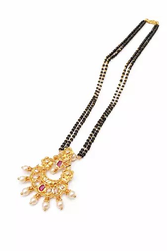 Traditional long mangalsutra with double black bead chain, gold-toned kundan ruby pearl pendant