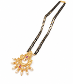 Traditional long mangalsutra with double black bead chain, gold-toned kundan ruby pearl pendant