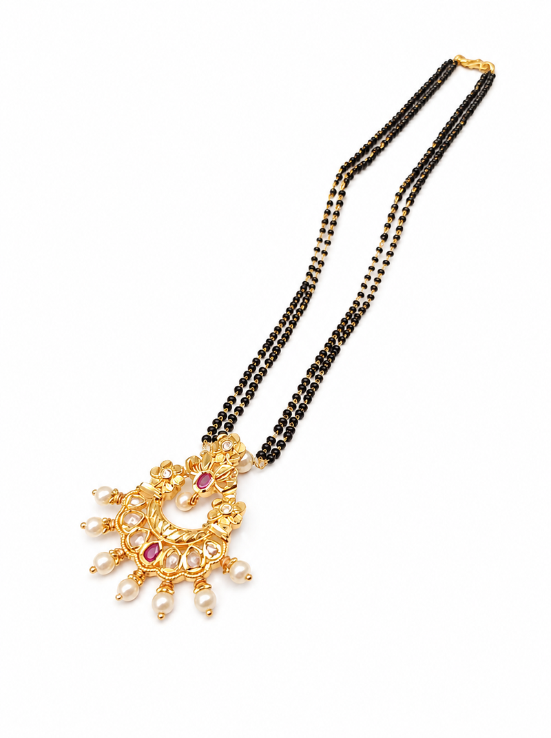 Traditional long mangalsutra with double black bead chain, gold-toned kundan ruby pearl pendant