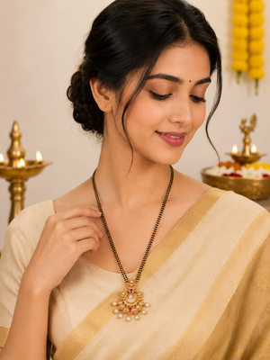Traditional long mangalsutra with double black bead chain, gold-toned kundan ruby pearl pendant 2