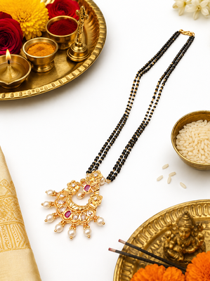 Traditional long mangalsutra with double black bead chain, gold-toned kundan ruby pearl pendant 3