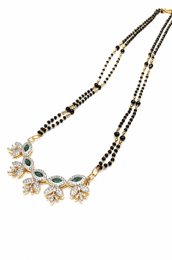 Double strand black bead mangalsutra with green & white cz floral pendant, gold-toned