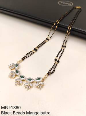 Double strand black bead mangalsutra with green & white cz floral pendant, gold-toned 4