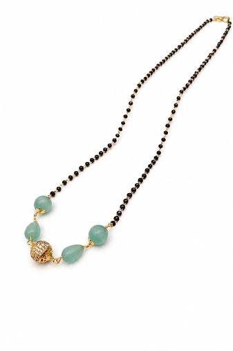 Mangalsutra with black beads chain, mint green stone pendant, gold-toned, traditional indian jewellery