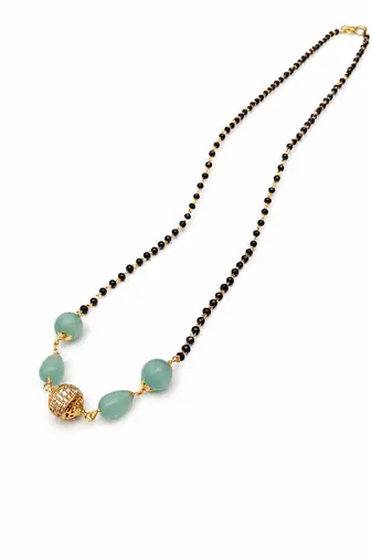 Mangalsutra with black beads chain, mint green stone pendant, gold-toned, traditional indian jewellery