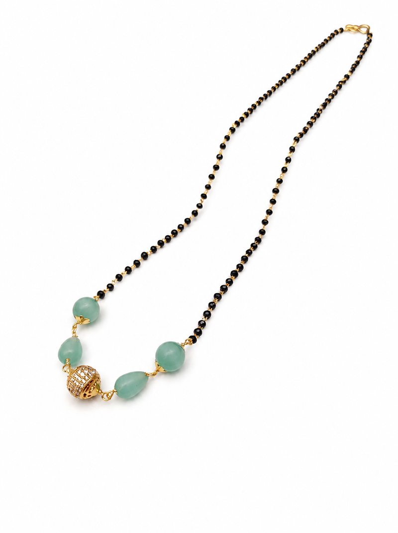 Mangalsutra with black beads chain, mint green stone pendant, gold-toned, traditional indian jewellery