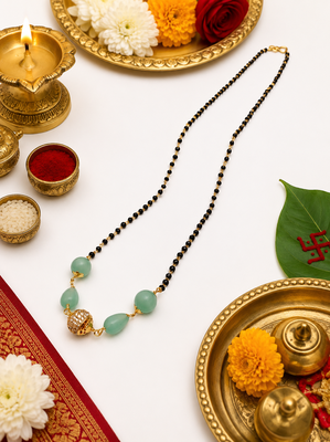 Mangalsutra with black beads chain, mint green stone pendant, gold-toned, traditional indian jewellery 3