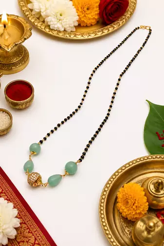 Mangalsutra with black beads chain, mint green stone pendant, gold-toned, traditional indian jewellery