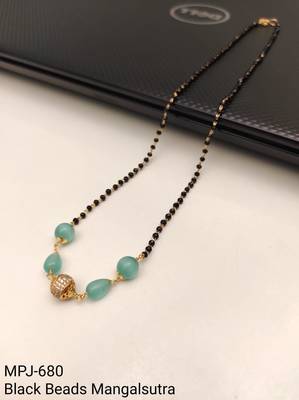 Mangalsutra with black beads chain, mint green stone pendant, gold-toned, traditional indian jewellery 4