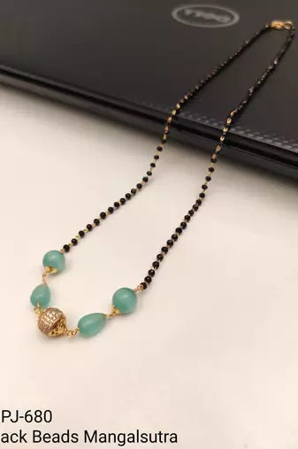Mangalsutra with black beads chain, mint green stone pendant, gold-toned, traditional indian jewellery