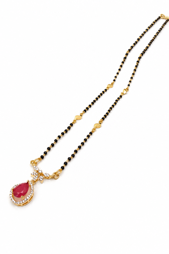 Gold-toned mangalsutra with ruby red teardrop pendant, black bead chain, cz stone accents