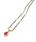 Gold-toned mangalsutra with ruby red teardrop pendant, black bead chain, cz stone accents