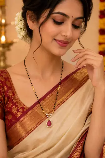 Gold-toned mangalsutra with ruby red teardrop pendant, black bead chain, cz stone accents