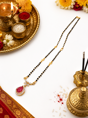 Gold-toned mangalsutra with ruby red teardrop pendant, black bead chain, cz stone accents 3