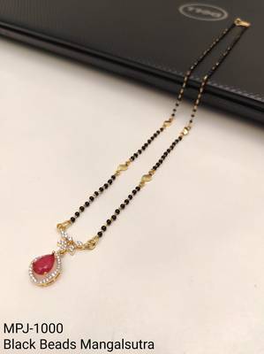 Gold-toned mangalsutra with ruby red teardrop pendant, black bead chain, cz stone accents 4