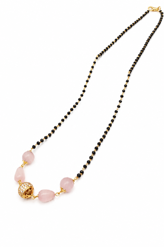 Black bead mangalsutra with rose quartz stones and gold-toned filigree pendant, traditional indian necklace