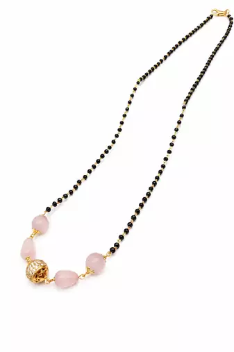 Black bead mangalsutra with rose quartz stones and gold-toned filigree pendant, traditional indian necklace