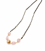 Black bead mangalsutra with rose quartz stones and gold-toned filigree pendant, traditional indian necklace