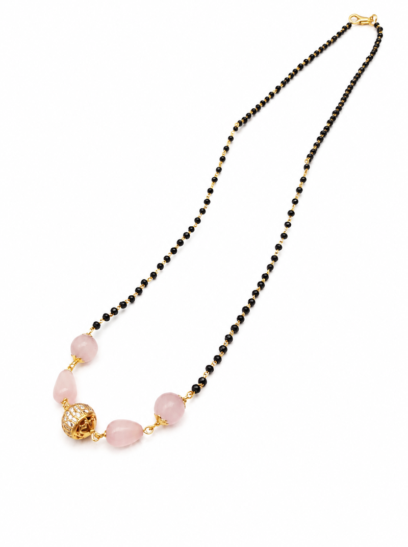 Black bead mangalsutra with rose quartz stones and gold-toned filigree pendant, traditional indian necklace