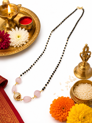 Black bead mangalsutra with rose quartz stones and gold-toned filigree pendant, traditional indian necklace 3