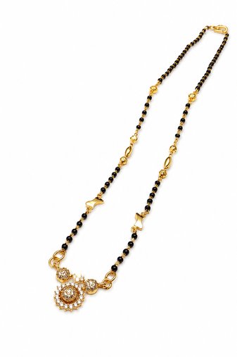 Traditional gold-plated mangalsutra with black beads, cz stone floral pendant, women's ethnic necklace