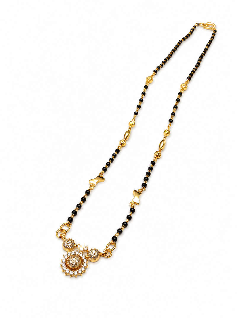 Traditional gold-plated mangalsutra with black beads, cz stone floral pendant, women's ethnic necklace