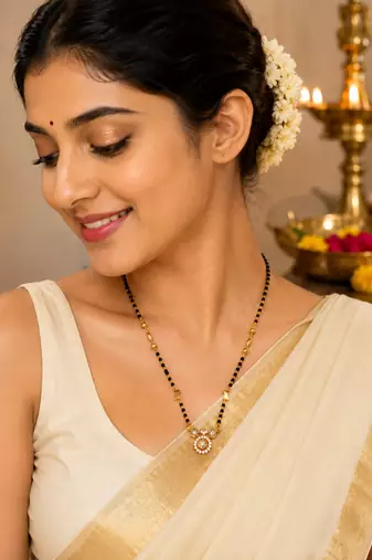 Traditional gold-plated mangalsutra with black beads, cz stone floral pendant, women's ethnic necklace
