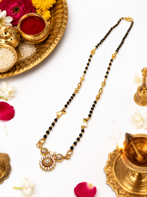 Traditional gold-plated mangalsutra with black beads, cz stone floral pendant, women's ethnic necklace 3
