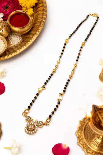 Traditional gold-plated mangalsutra with black beads, cz stone floral pendant, women's ethnic necklace