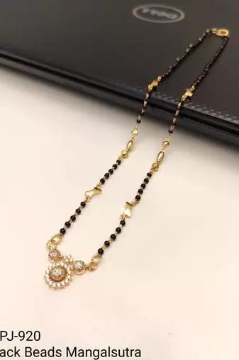 Traditional gold-plated mangalsutra with black beads, cz stone floral pendant, women's ethnic necklace
