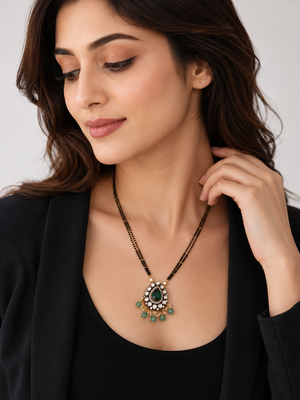 Double strand black bead mangalsutra with kundan pendant, green stone & pearl drops 2