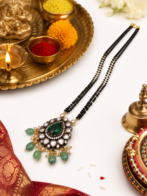 Double strand black bead mangalsutra with kundan pendant, green stone & pearl drops 3
