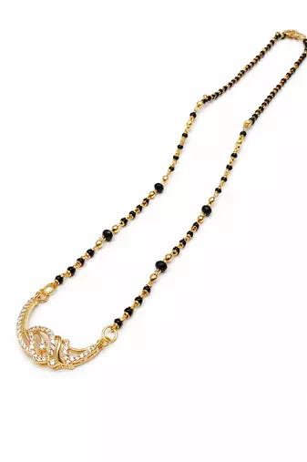 Gold-plated mangalsutra with black beads chain, cz stone pendant, traditional indian bridal jewellery