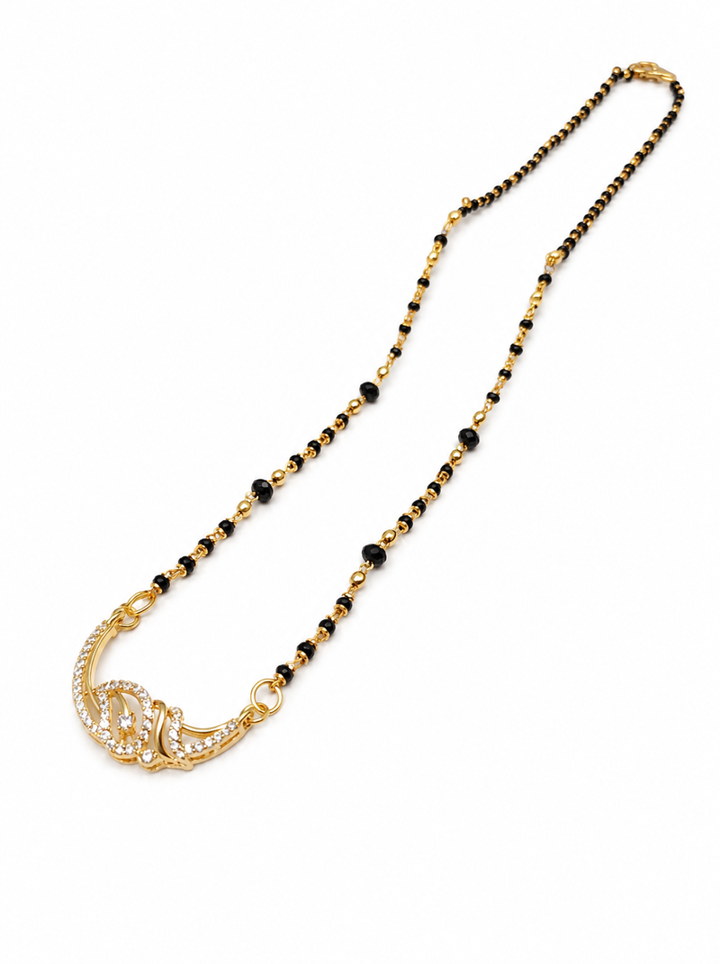 Gold-plated mangalsutra with black beads chain, cz stone pendant, traditional indian bridal jewellery