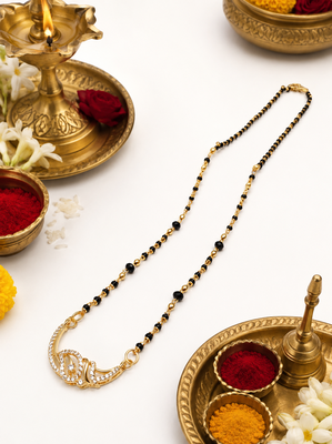 Gold-plated mangalsutra with black beads chain, cz stone pendant, traditional indian bridal jewellery 3